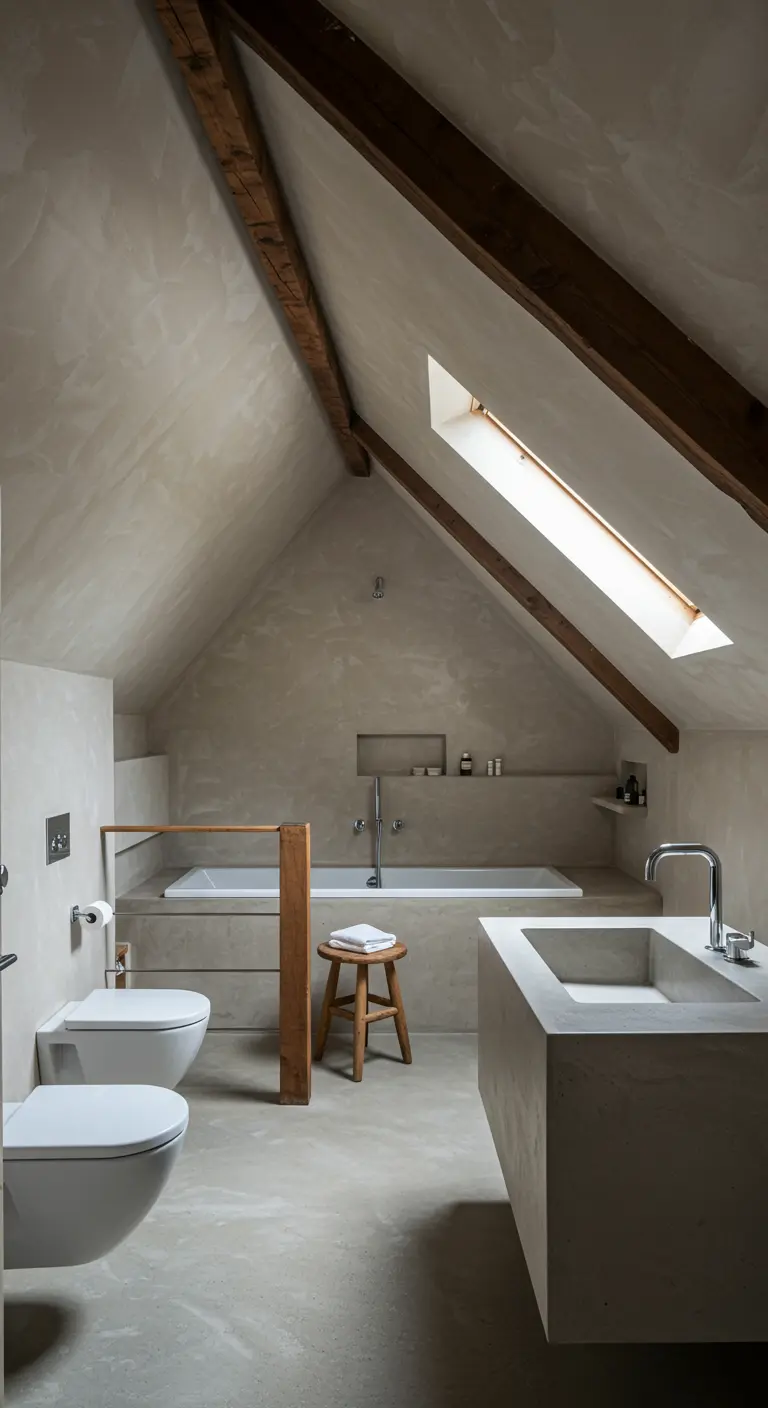 Zolderbadkamer met zichtbare houten balken, microcement en ingebouwd bad.