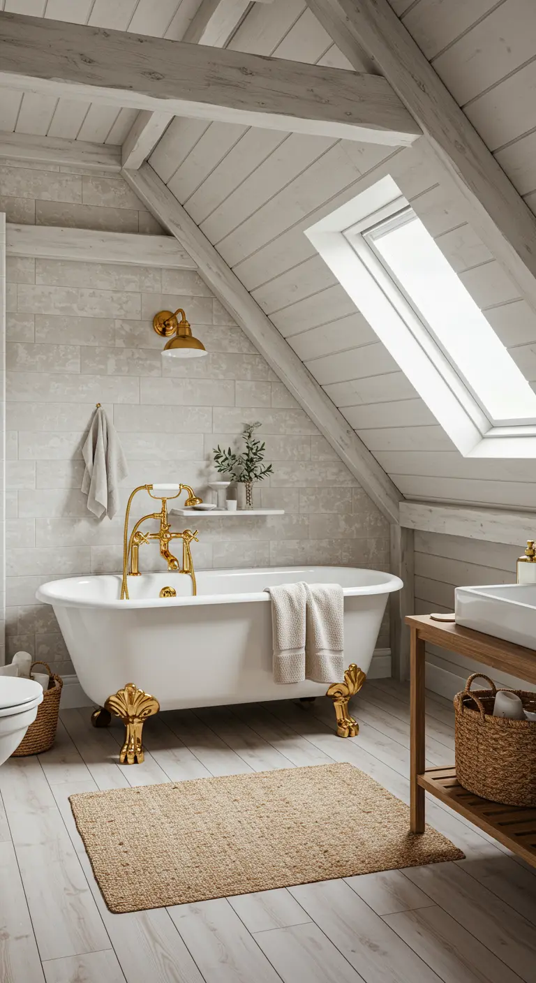 Zolderbadkamer met bad op gouden pootjes en houten plafond
