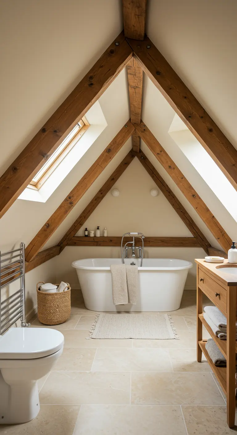 Zolderbadkamer met zichtbare houten balken, vrijstaand bad en lichte tinten.