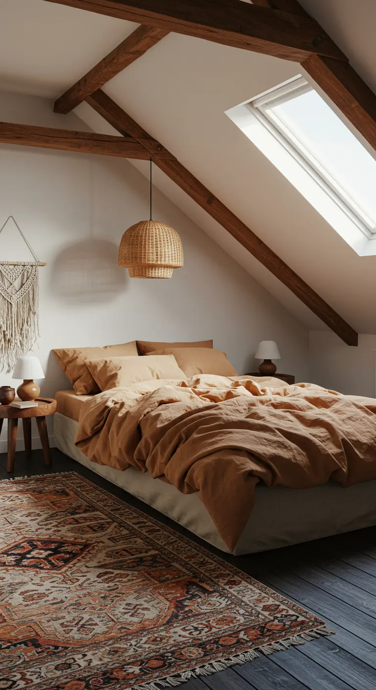 Zolderkamer met houten balken, terracotta beddengoed en rotan lamp.