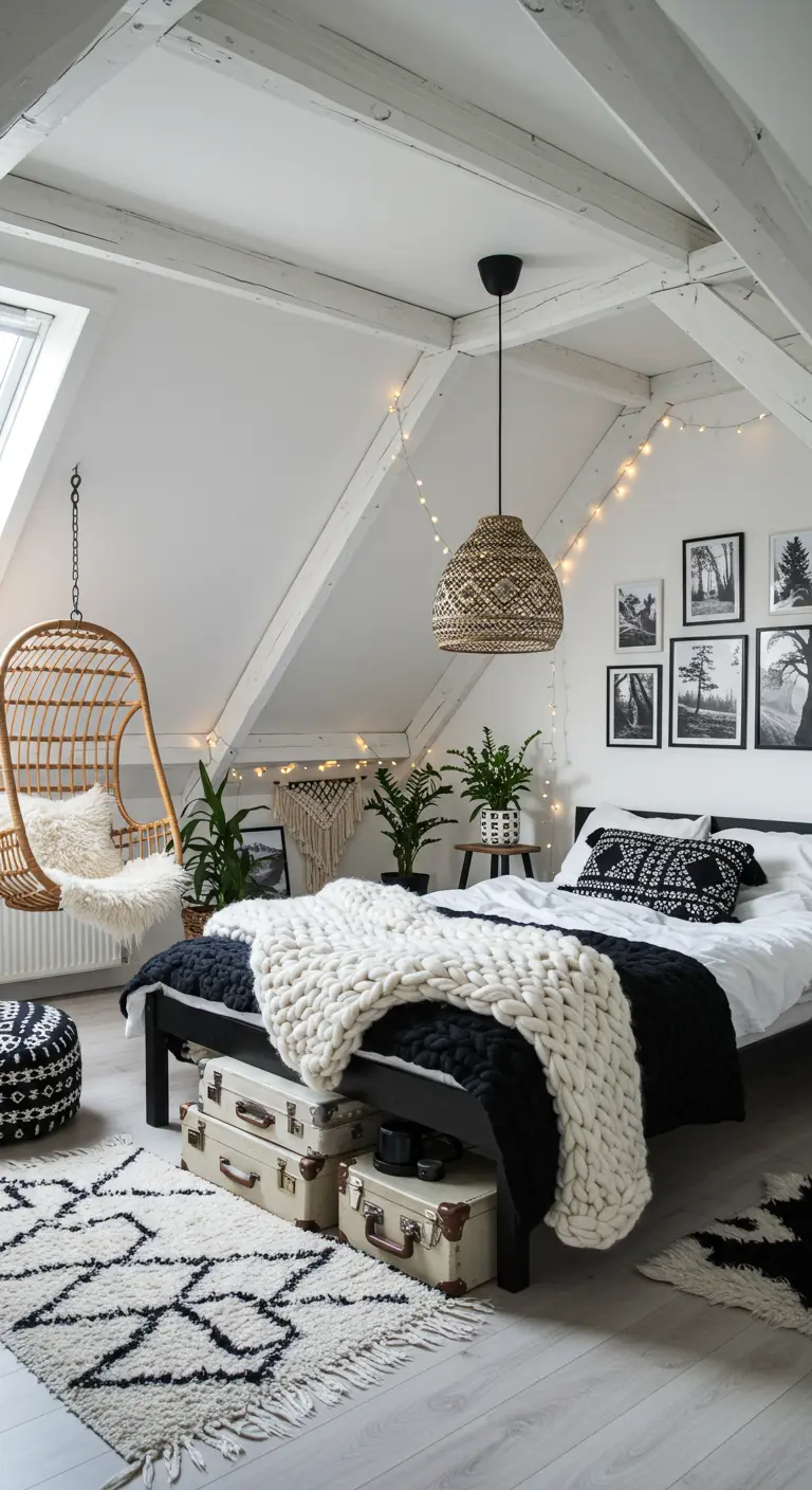 Witte zolderslaapkamer met rotan hangstoel, chunky deken en sfeerverlichting.