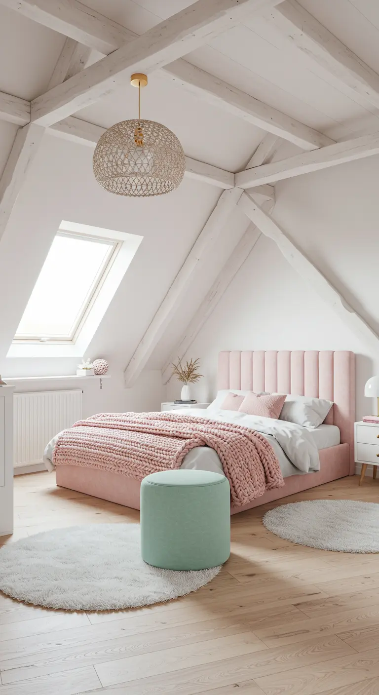 Zolderslaapkamer met roze bouclé bed, gebreid plaid en mintgroene poef.