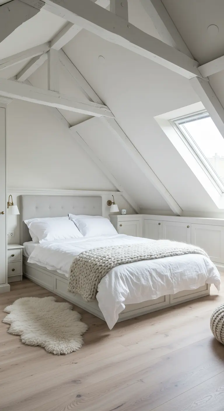 Lichte zolderslaapkamer met witte balken, schapenvachtje en bed met opberglades.