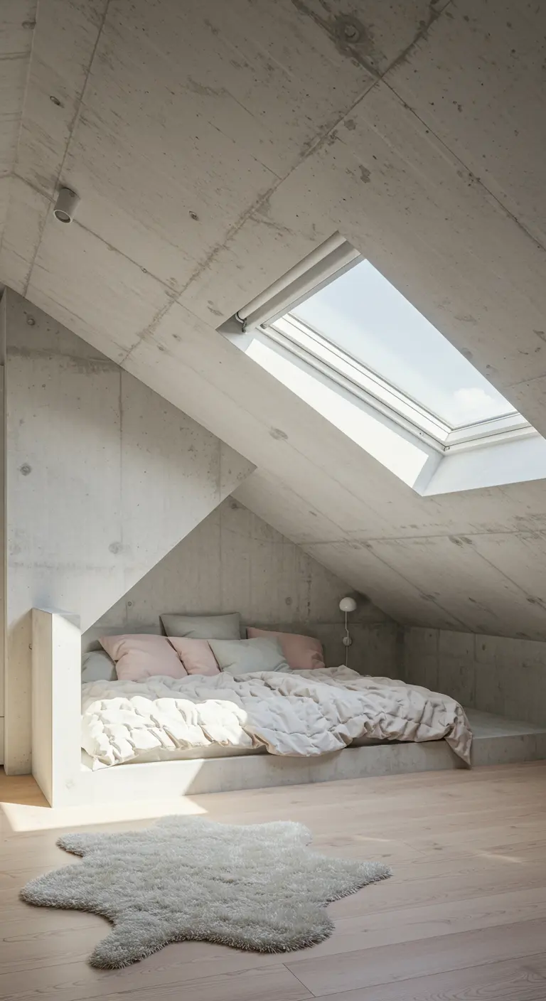 Lichte zolderslaapkamer met betonnen muren, schuin dak en ingebouwd bed.
