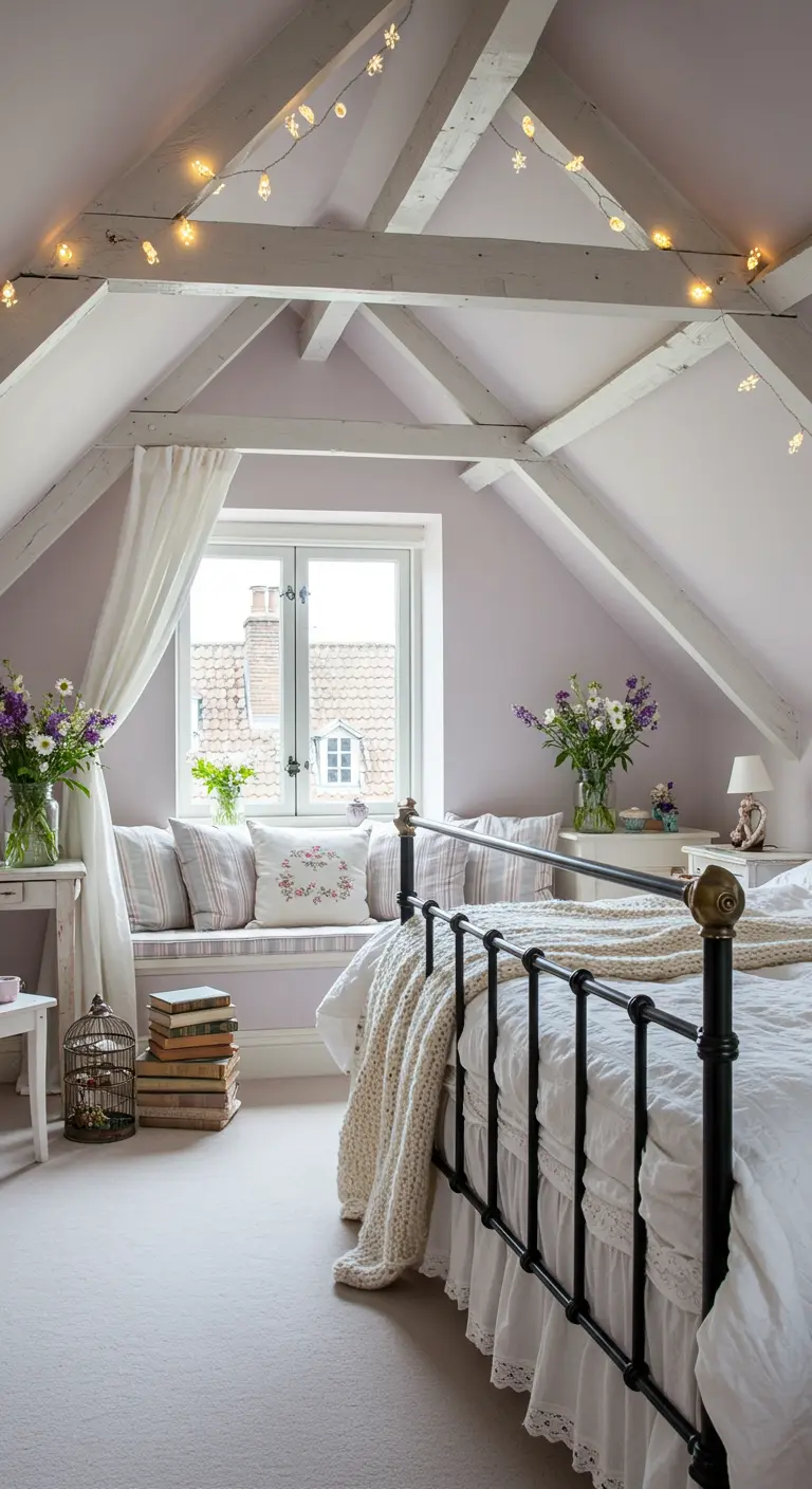 Romantische zolderkamer met witte balken, lichtslingers en smeedijzeren bed.