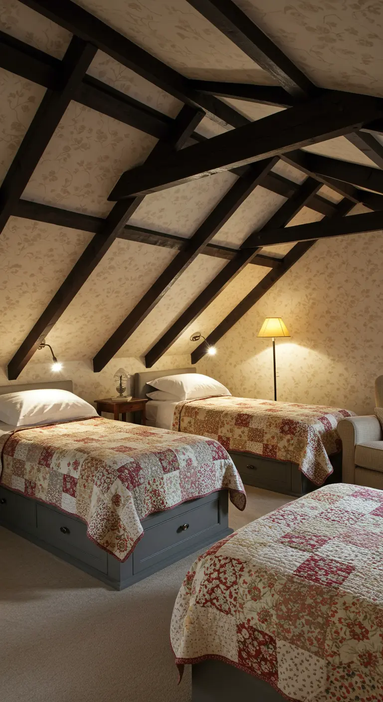 Rustieke zolderlogeerkamer met houten balken en drie bedden met patchwork spreien.