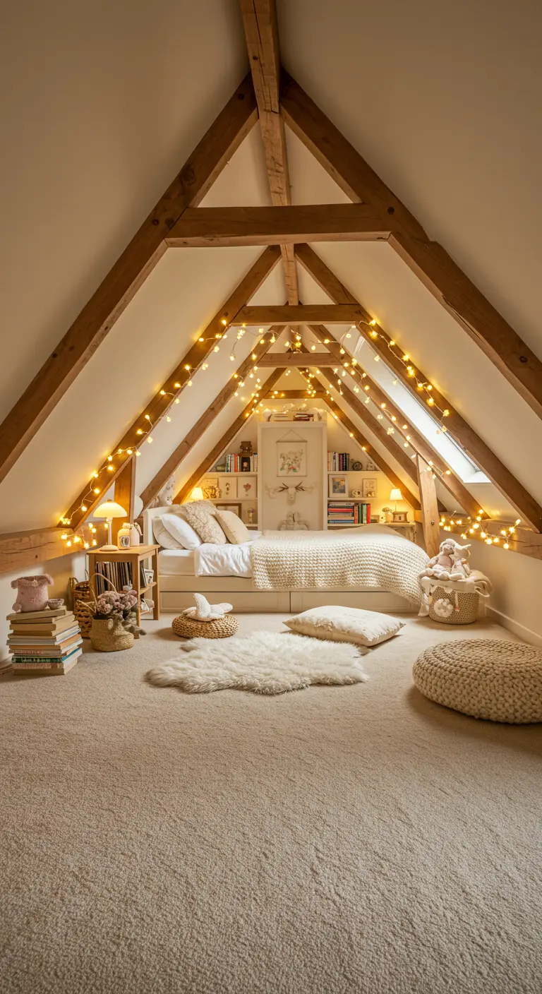 Knusse zolderkamer met lichtbeige tapijt, houten balken en sfeerverlichting.