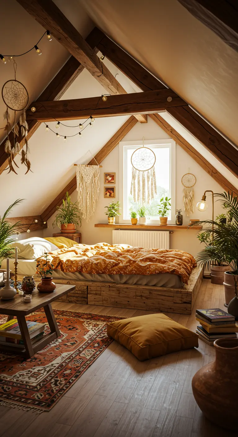 Gezellige boho zolderkamer met houten balken, planten en dromenvangers.