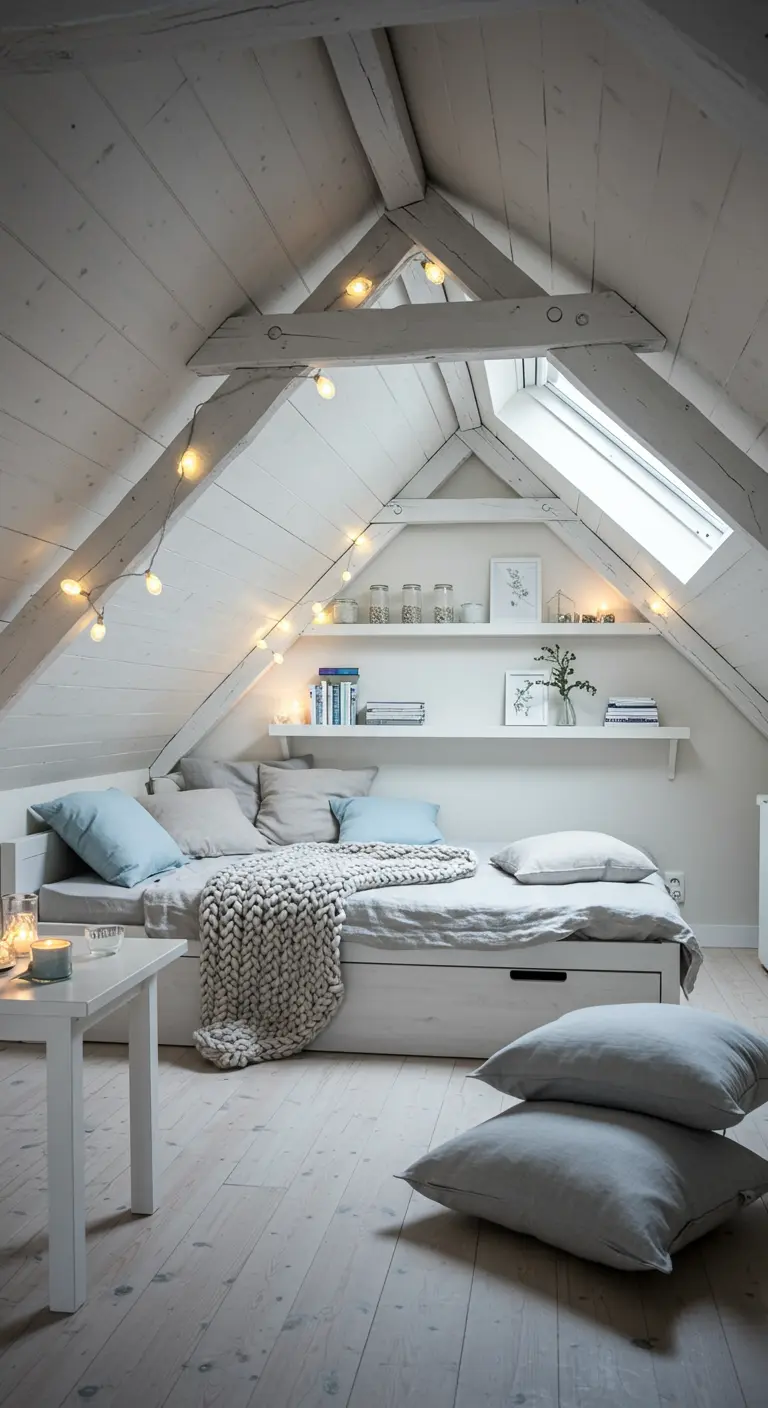 Lichte zolderkamer met bed als daybed, lichtsnoer en witte houten balken.