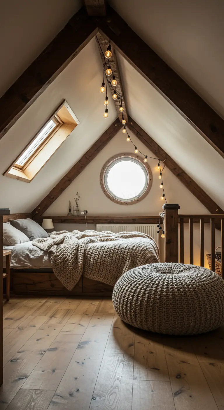 Knusse zolderslaapkamer met rond raam, grote ronde poef en lichtslingers.
