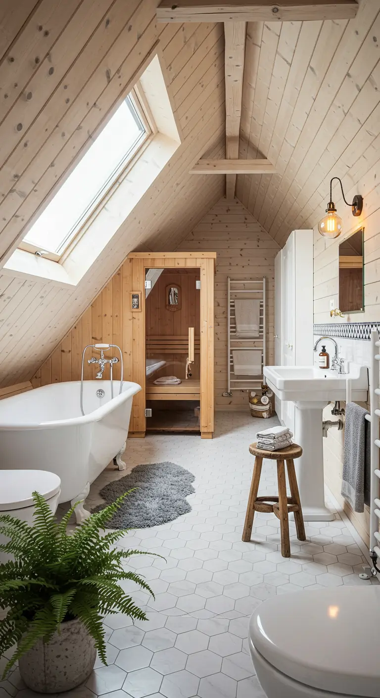 Zolderbadkamer met houten lambrisering, dakraam, vrijstaand bad en compacte sauna.