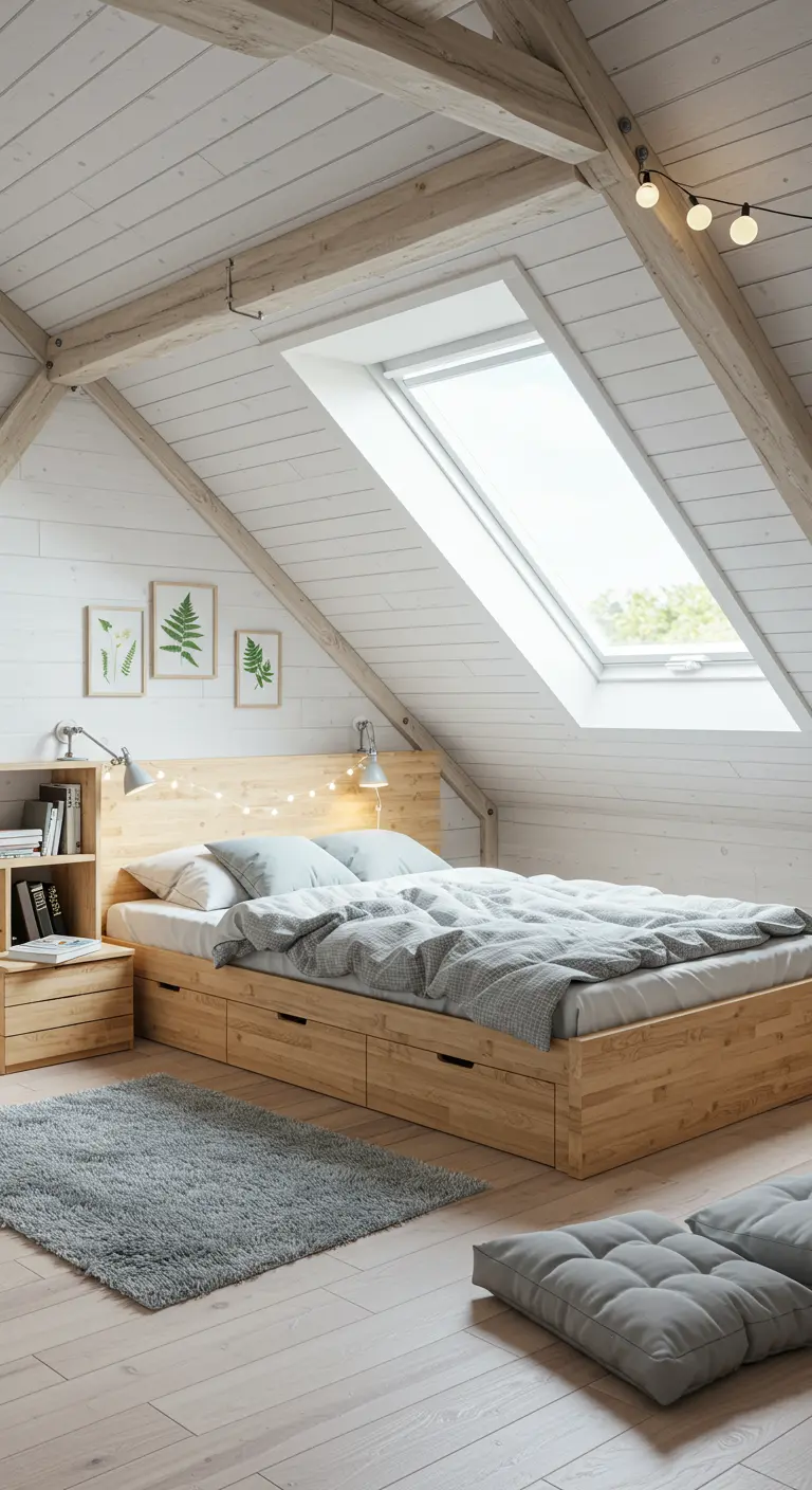 Lichte zolderslaapkamer met houten bed met lades onder een groot dakraam.