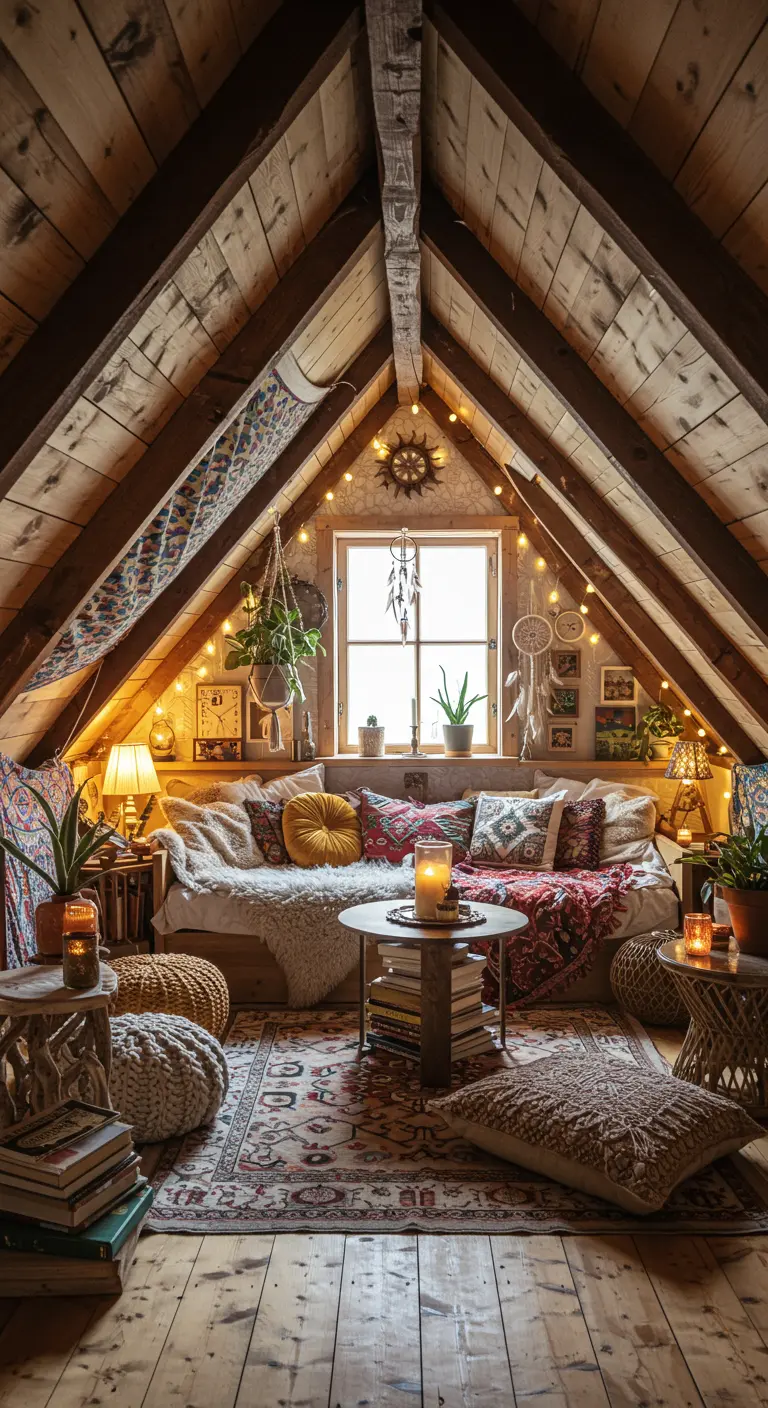 Knusse boho zolderkamer met houten balken, veel kussens, lichtslingers en planten.