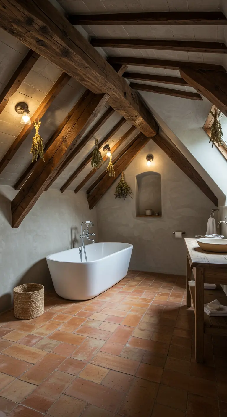 Wabi-sabi zolderbadkamer met zichtbare houten balken, terracotta tegels en droogkruiden.