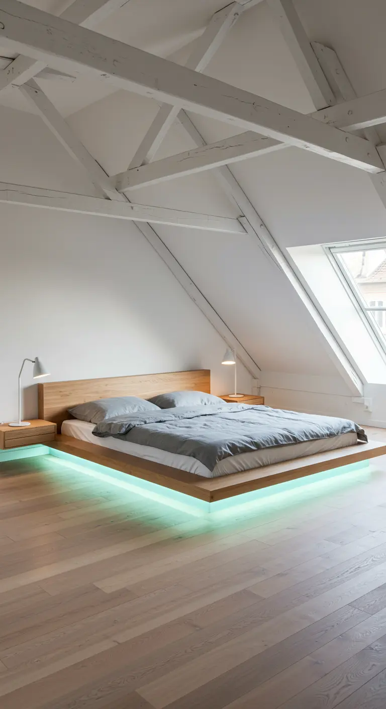 Lichte zolderkamer met houten bed en zacht mintgroene LED-verlichting eronder.