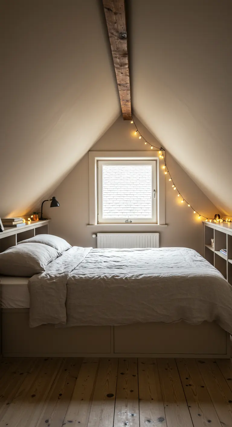 Zolderkamer met schuine beige muren, houten balk, bed met opbergruimte, string lights en raam.