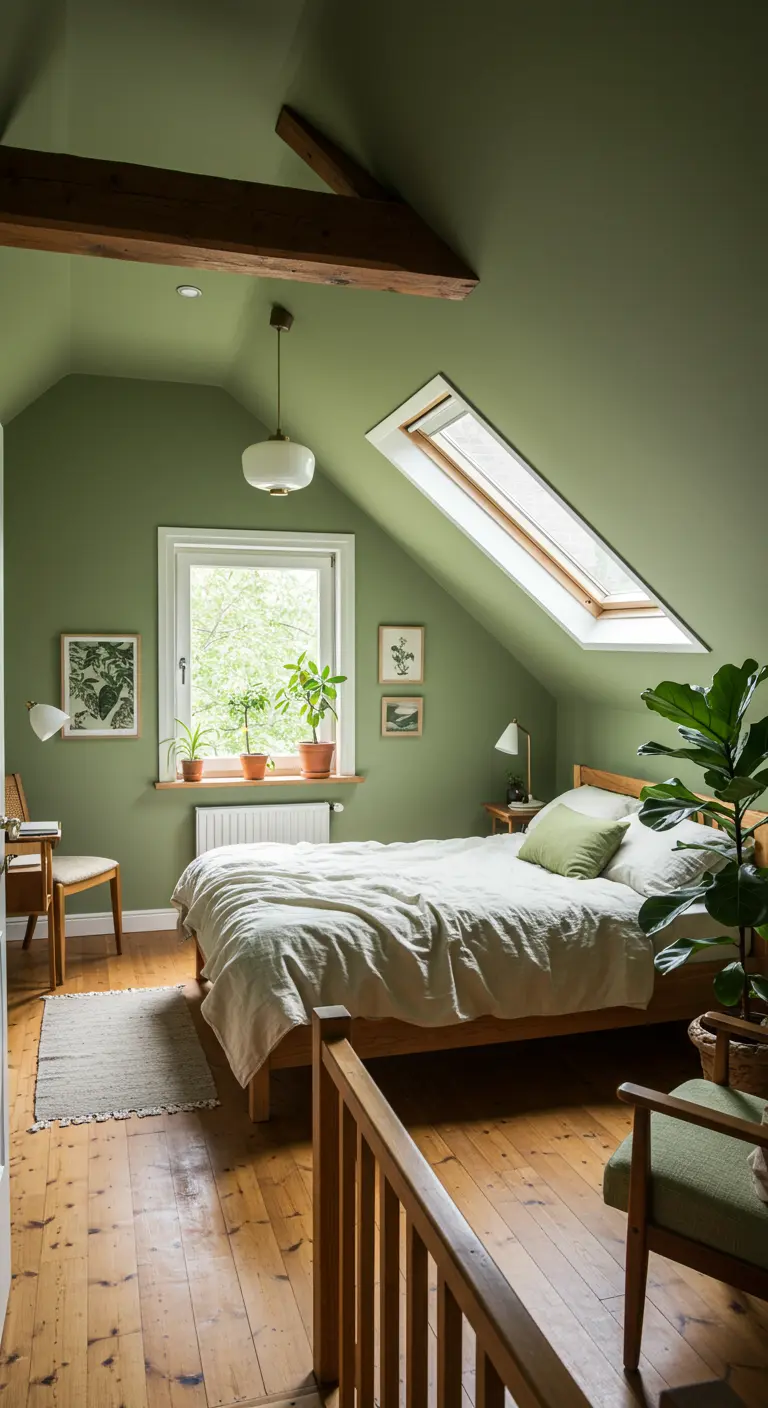 Zolder slaapkamer met saliegroene muren, houten balken, planten op vensterbank, houten bed.