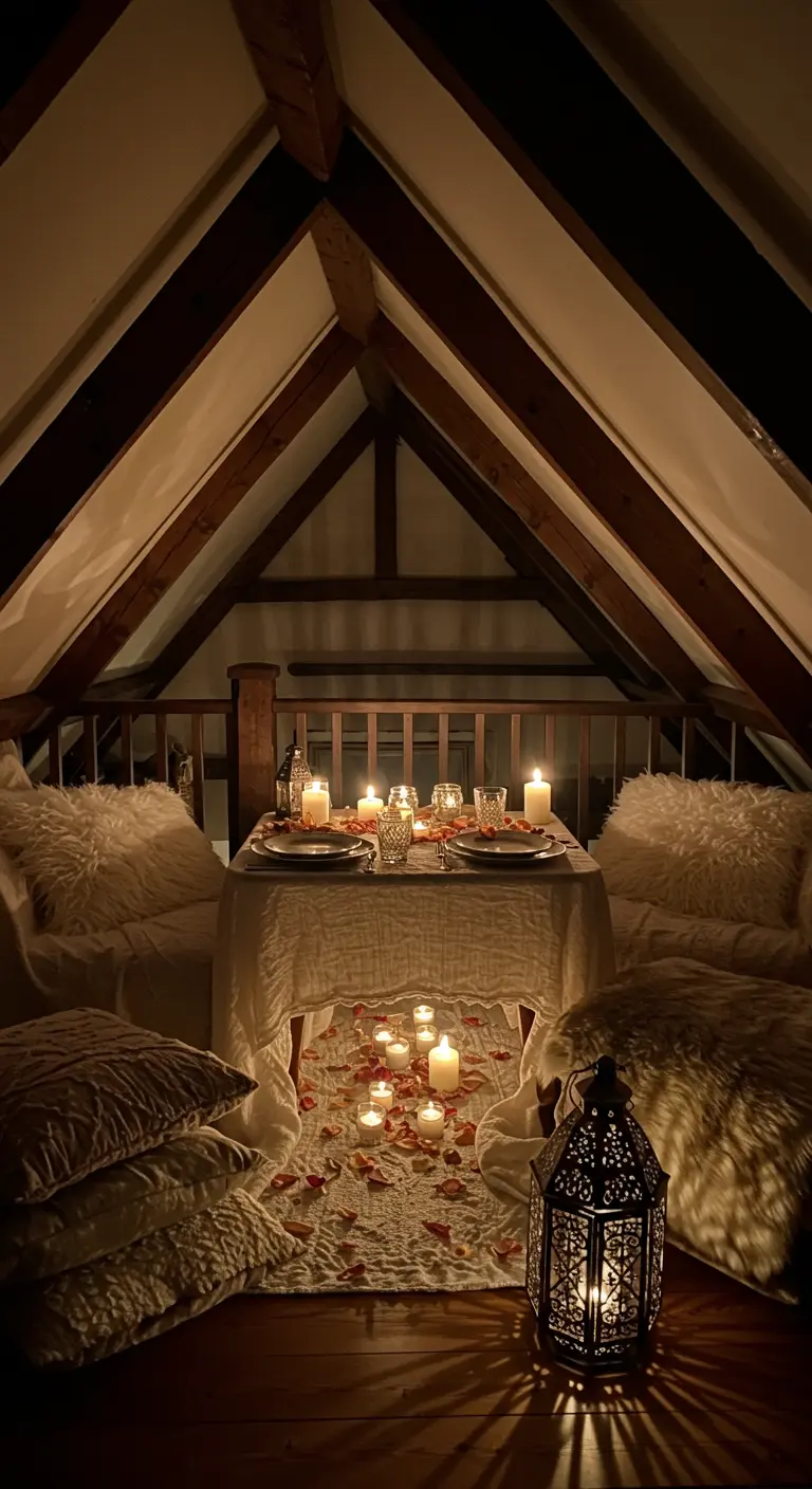 Knusse zolderkamer met lage tafel, kussens, rozenblaadjes en veel kaarsen.