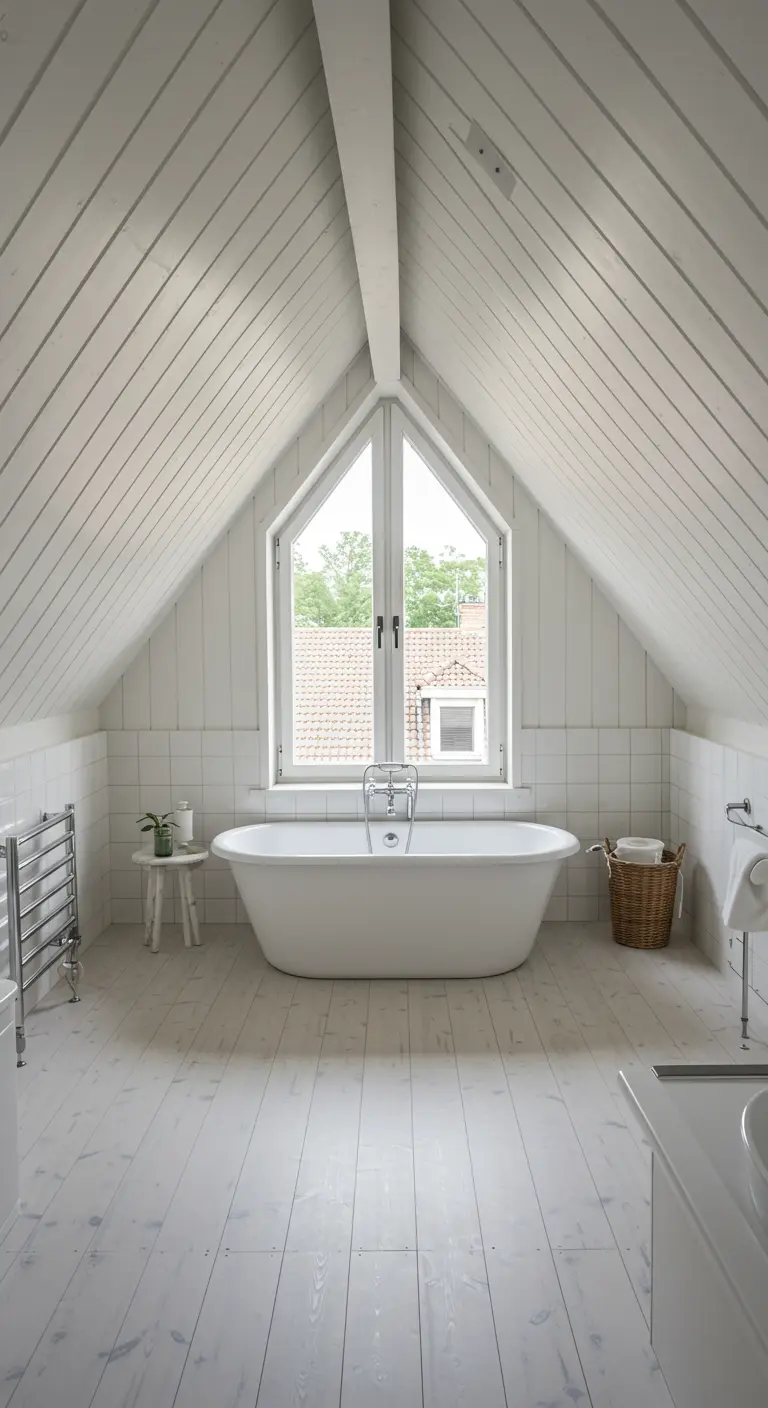 Lichte zolderbadkamer met A-vormig raam boven het vrijstaande bad.
