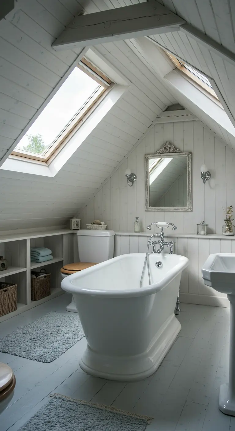 Lichte zolderbadkamer met dakramen, witgeschilderde houten wanden en vrijstaand bad.