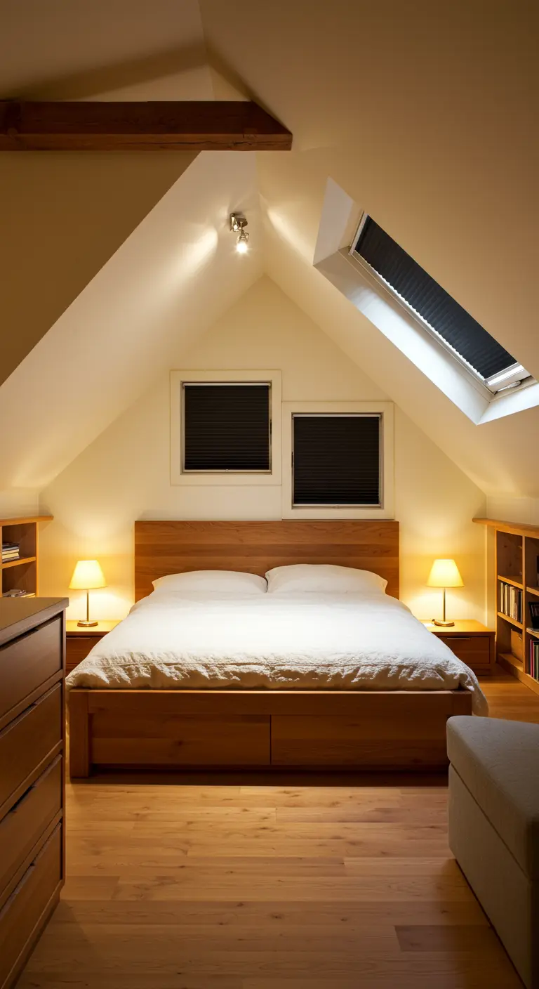 Knusse zolderkamer met houten bed, dakramen en sfeerverlichting.