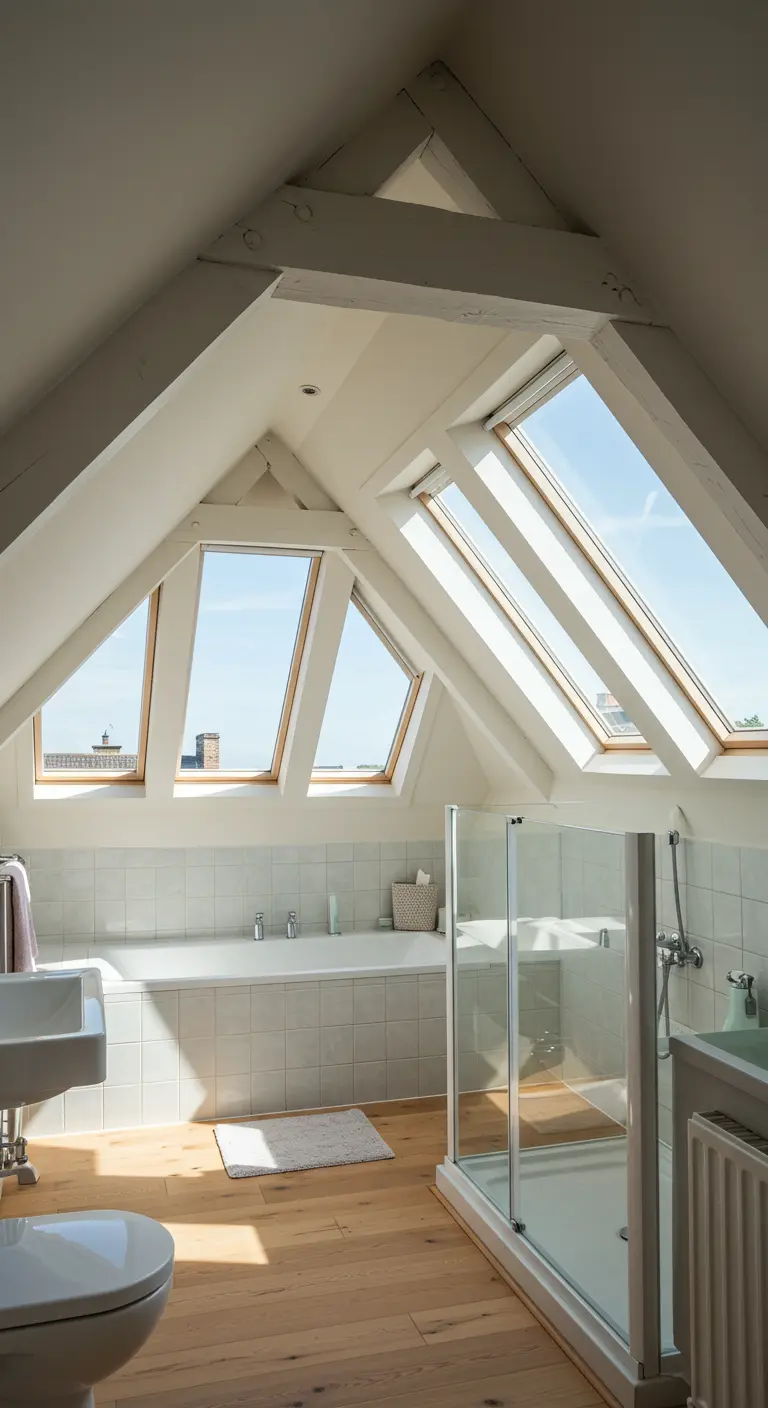 Zolderbadkamer met ligbad onder meerdere dakramen en houten vloer.