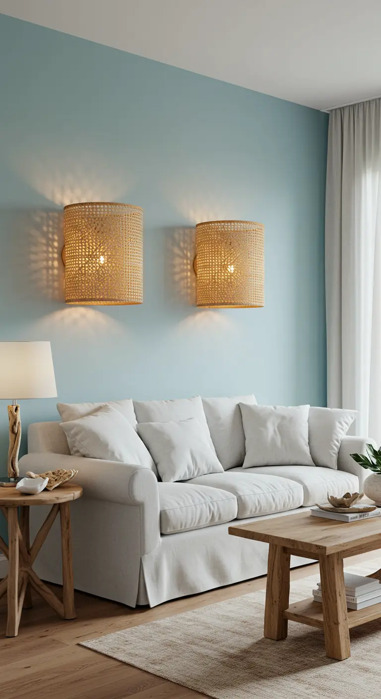 Lichte woonkamer met twee rotan wandlampen boven een witte bank.