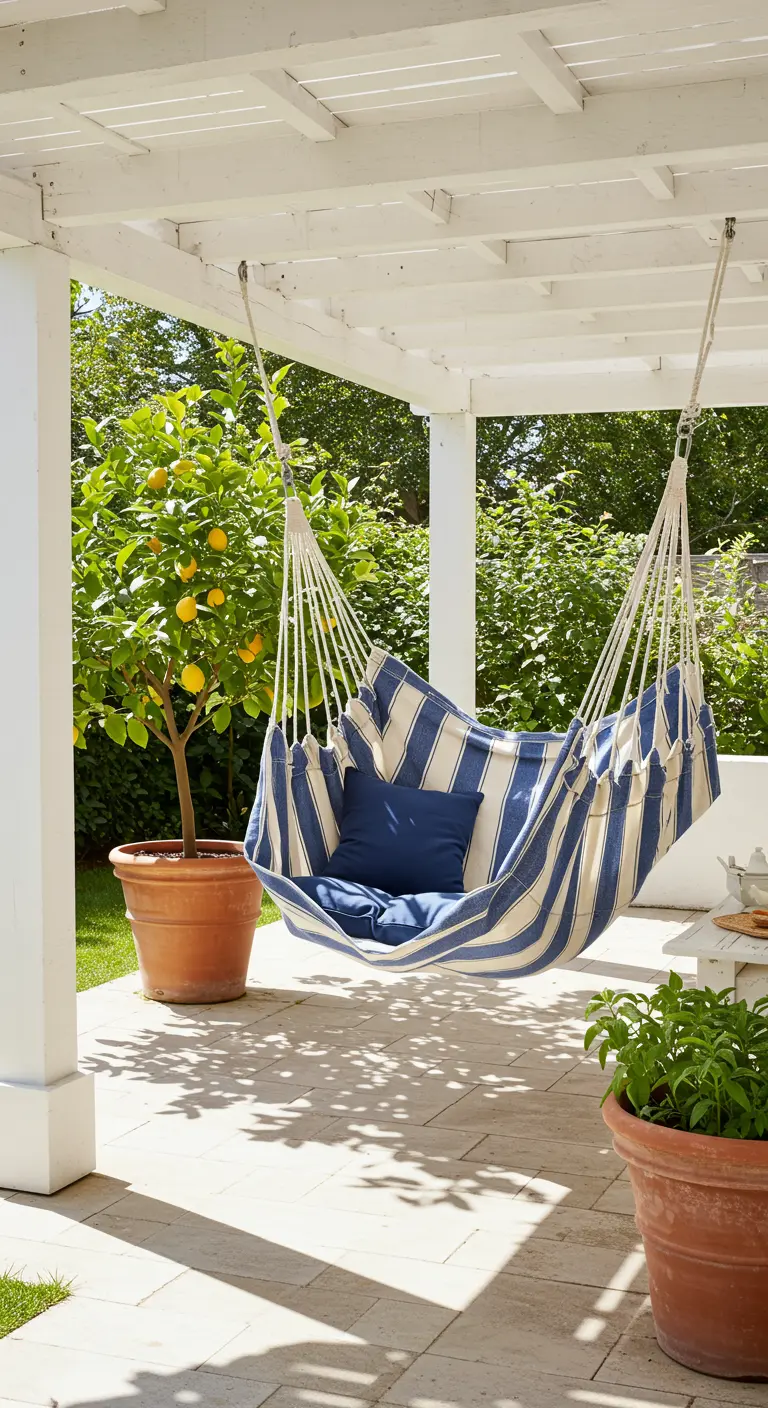 Blauw-wit gestreepte hangmatstoel onder witte pergola met citrusboom ernaast.