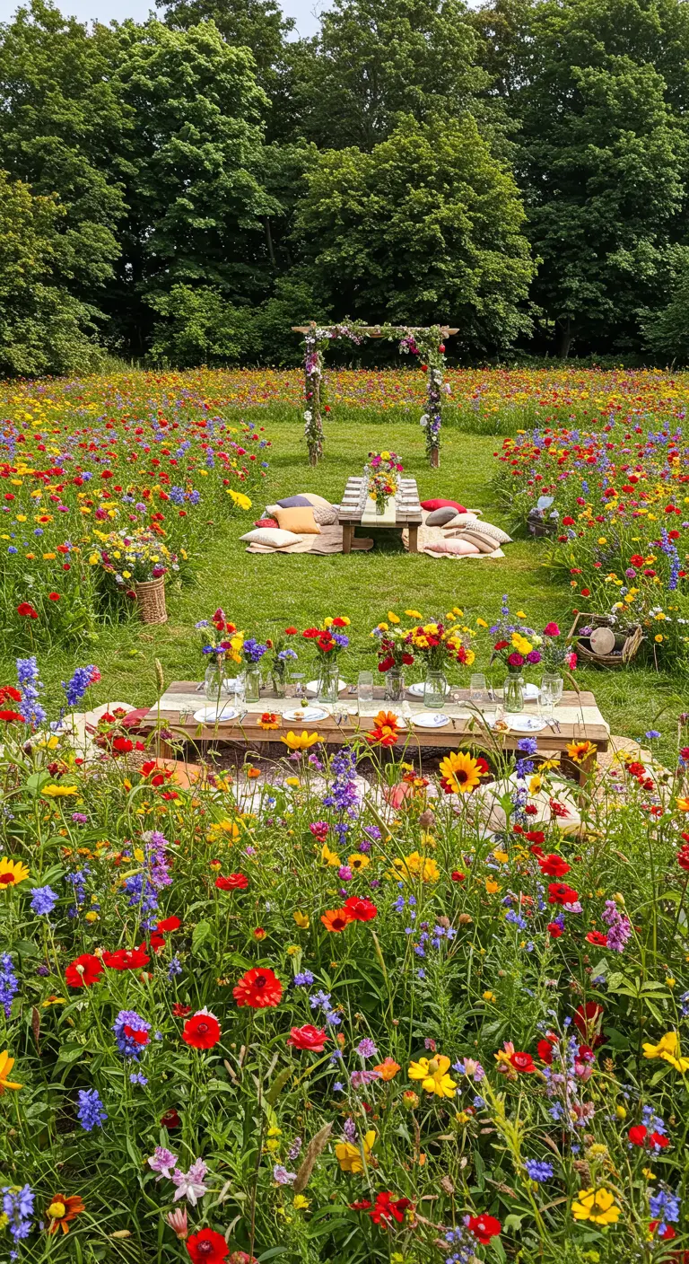 Picknickbruiloft in bloemenweide met lage tafels en kleurrijke kussens.