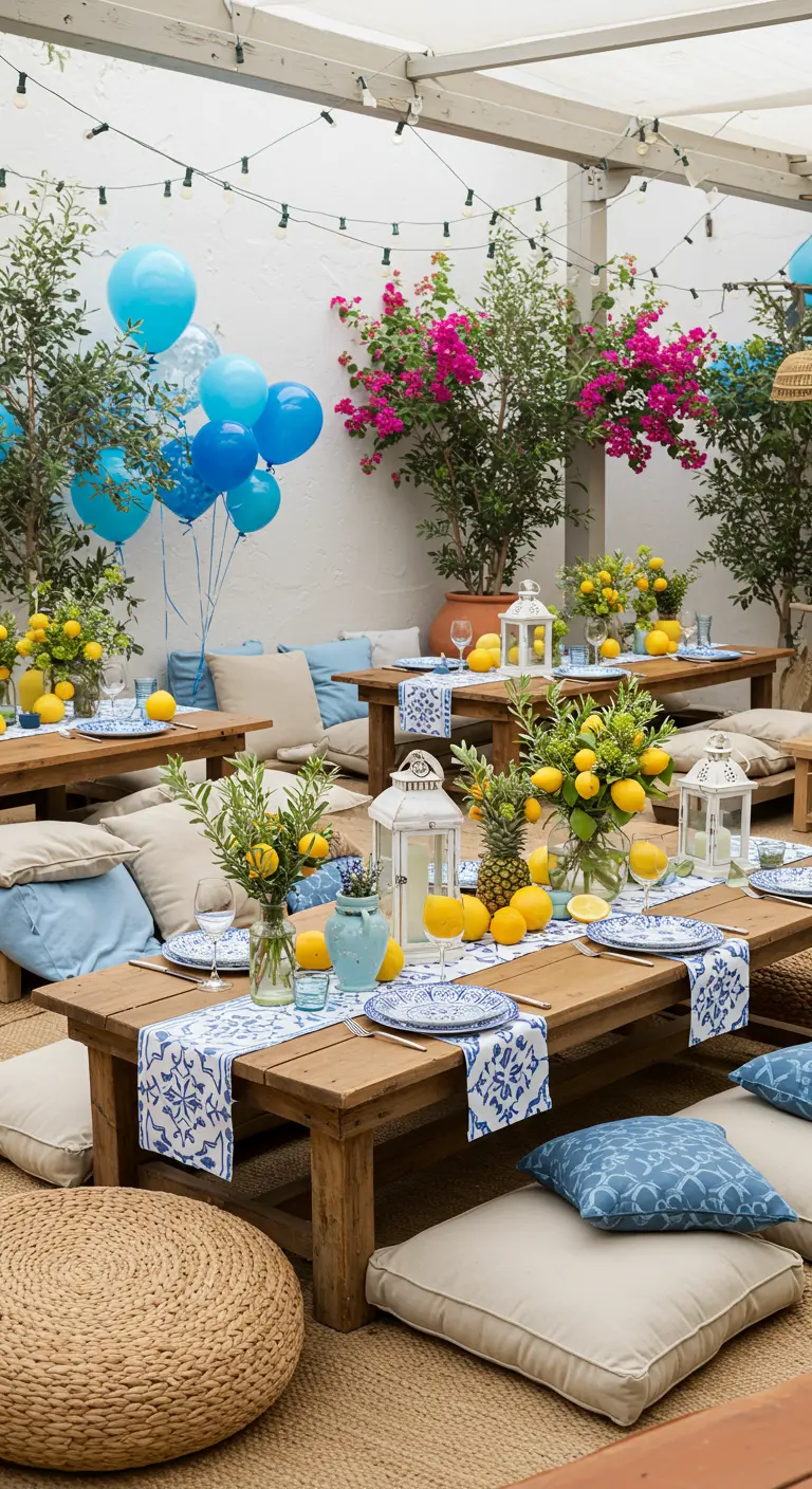 Mediterraan themafeest met citroenen, blauw-wit decor en lage tafels.