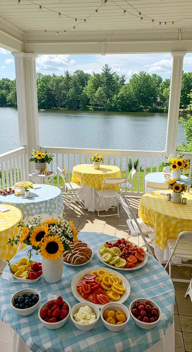 Brunchtafels met geel en blauw geruite tafelkleden, zonnebloemen en fruit aan een meer.