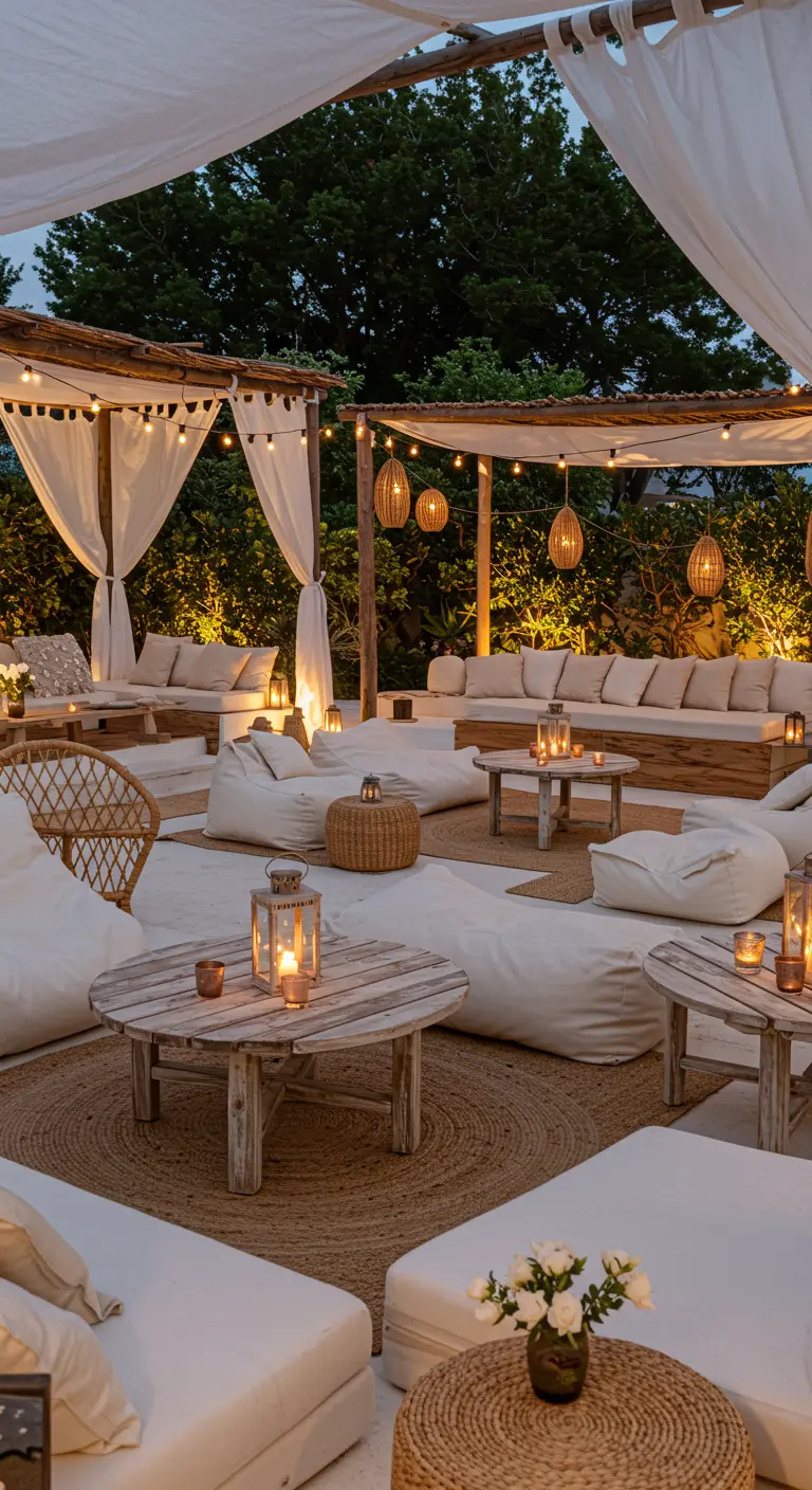 Witte Ibiza-stijl buitenlounge met gedrapeerde doeken, houten meubels, zitzakken en sfeerlicht.