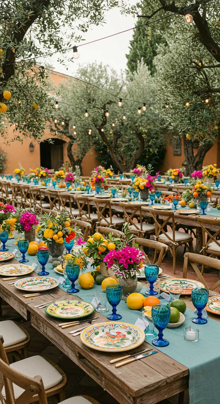 Lange houten tafels met citrusvruchten, felgekleurde bloemen, turquoise glazen en loper.
