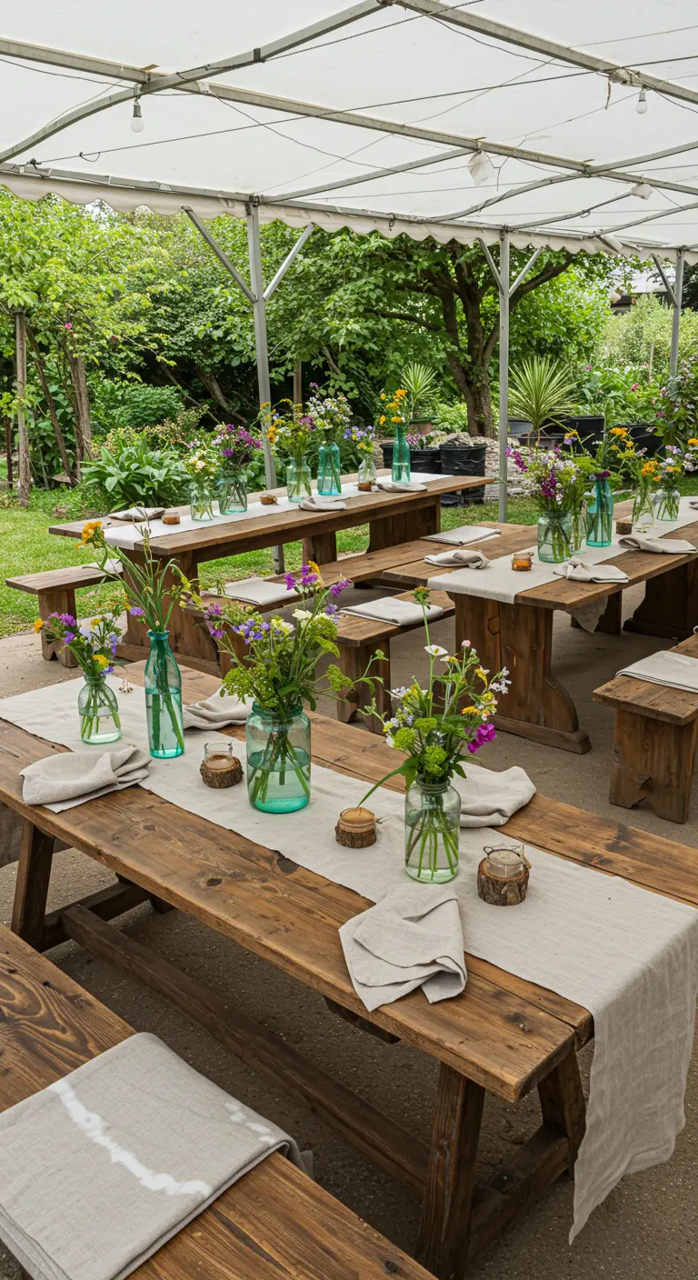 Buitenfeest met lange houten tafels, linnen lopers en simpele veldbloemen in glazen potten.