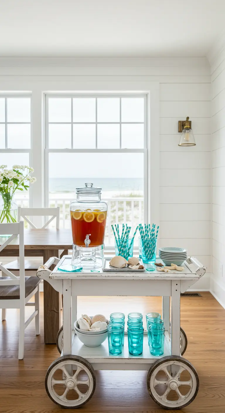 Witte houten keukentrolley met grote wielen, limonadetap en turquoise glazen, strandthema.