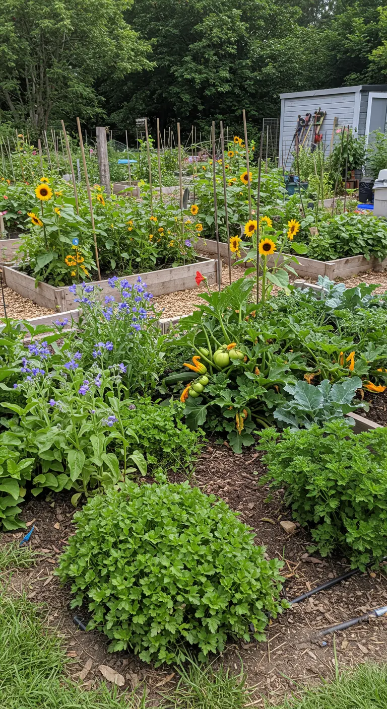 Zomerse moestuin met zonnebloemen, courgettes, tomaten, borage en peterselie in houten bedden.