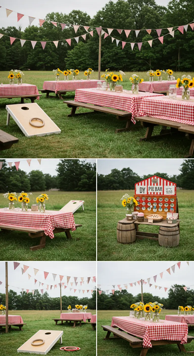 Buitenbruiloft met picknicktafels, rood-witte kleden, zonnebloemen en een 'Pie Bar'.