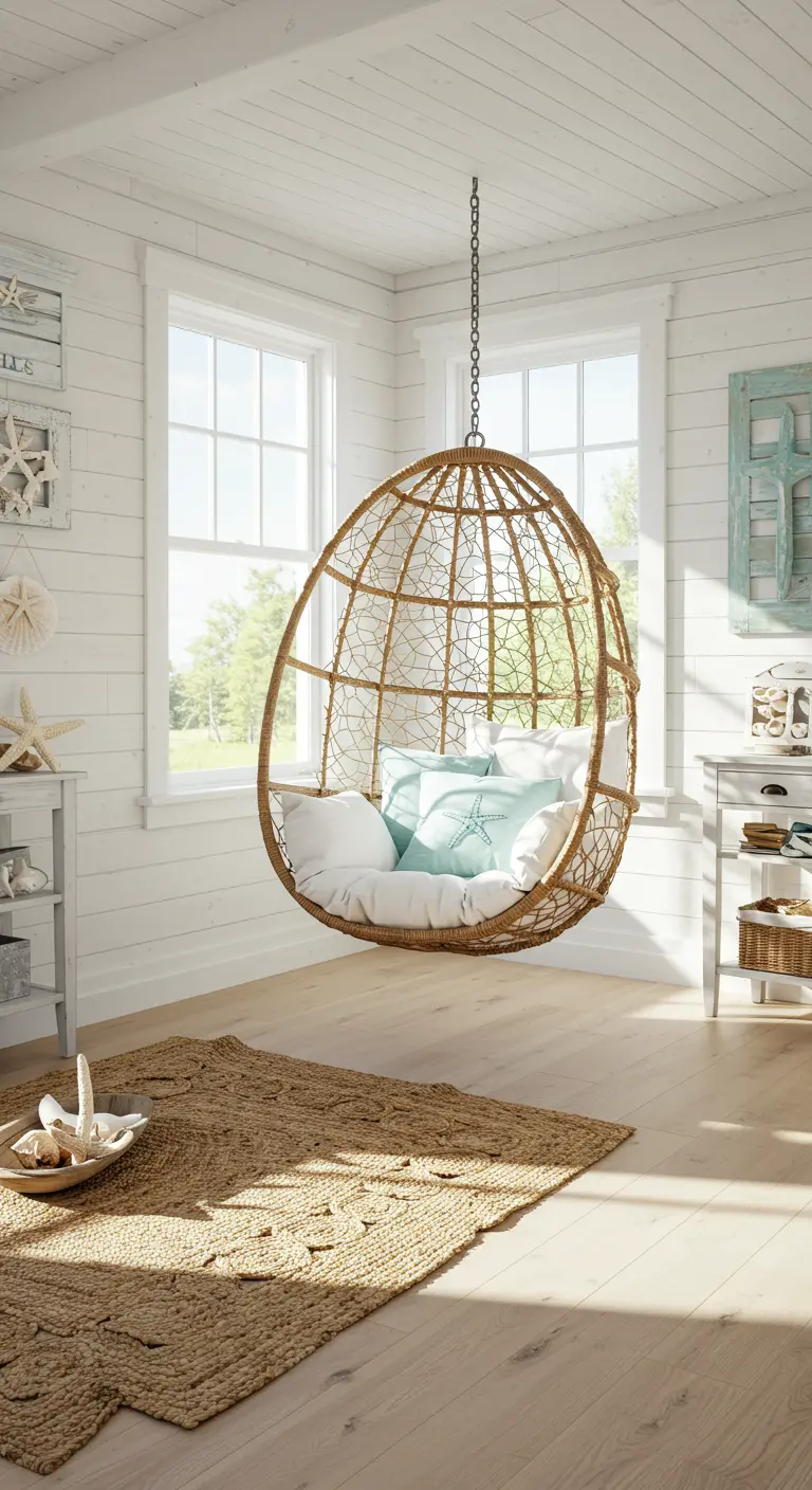 Lichte woonkamerhoek in strandhuisstijl met rotan hangstoel, jute kleed en maritieme decoratie.