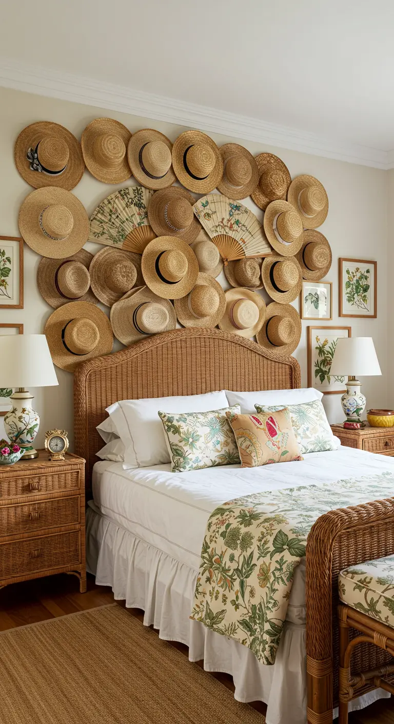 Verzameling strohoeden en waaiers als wanddecoratie boven rotan bed.