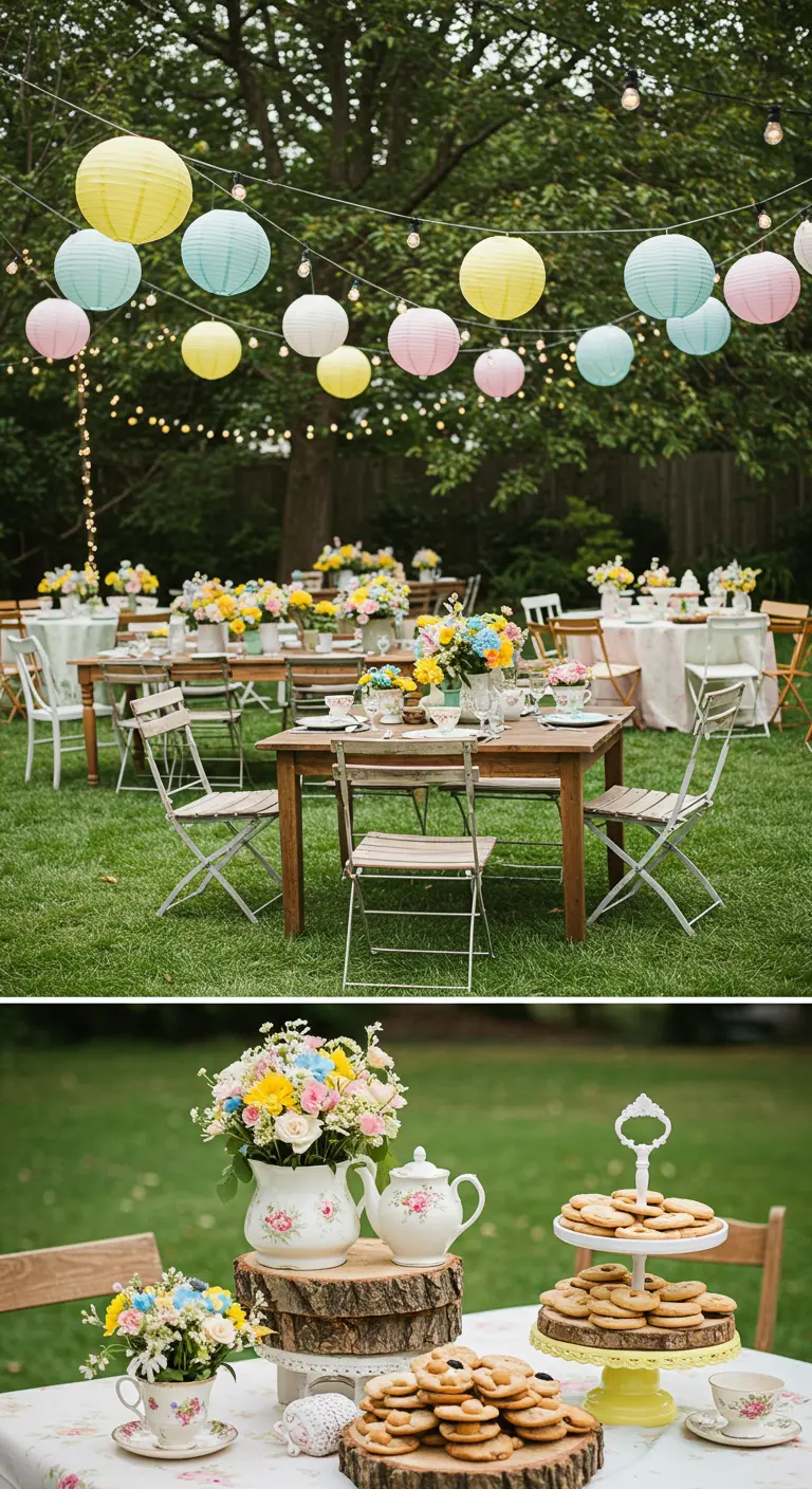 Tuinbruiloft met kleurrijke papieren lampionnen, bloemen en een tafel met koekjes.