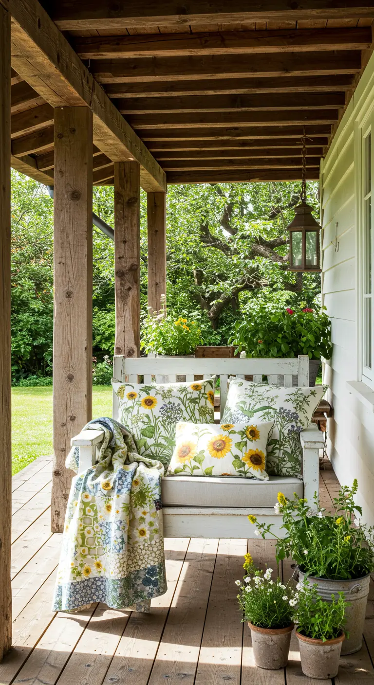 Witte schommelbank met zonnebloemkussens, patchwork plaid, kleine plantjes en houten plafondbalken.