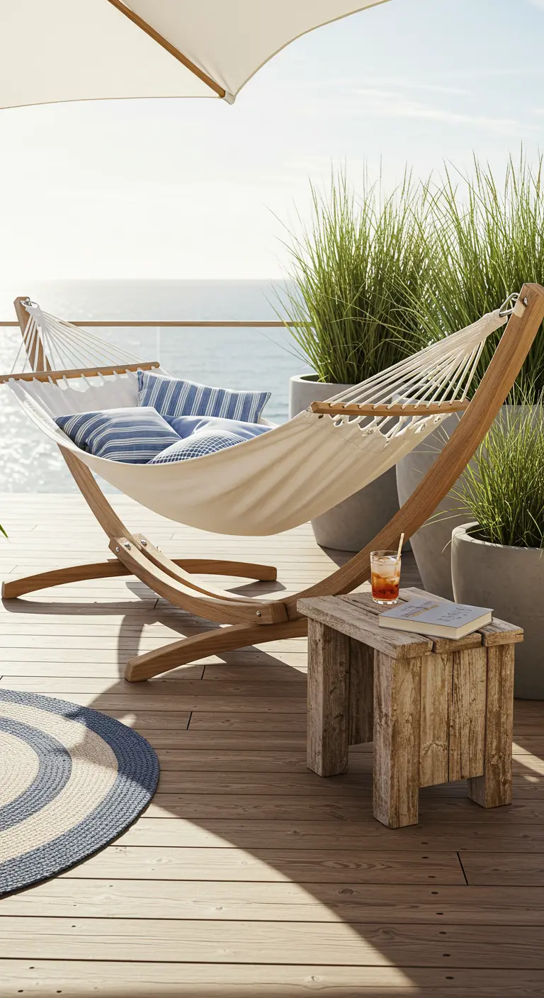 Witte hangmat in houten standaard op een zonnig terras met uitzicht op zee.
