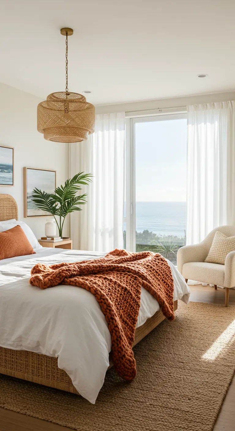 Lichte slaapkamer met rotan bed, uitzicht op zee, en een terracotta gebreide deken.
