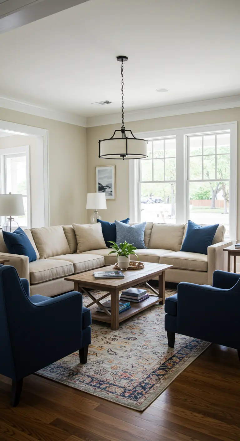 Ruime woonkamer met U-vormige beige bank, blauwe kussens en groot Perzisch tapijt.