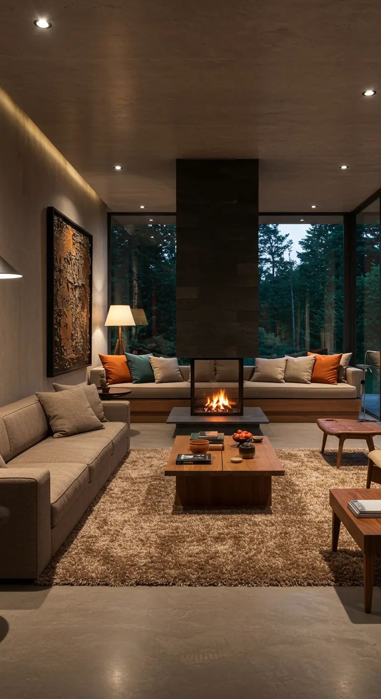 Moderne woonkamer met open haard als roomdivider en groot tapijt.
