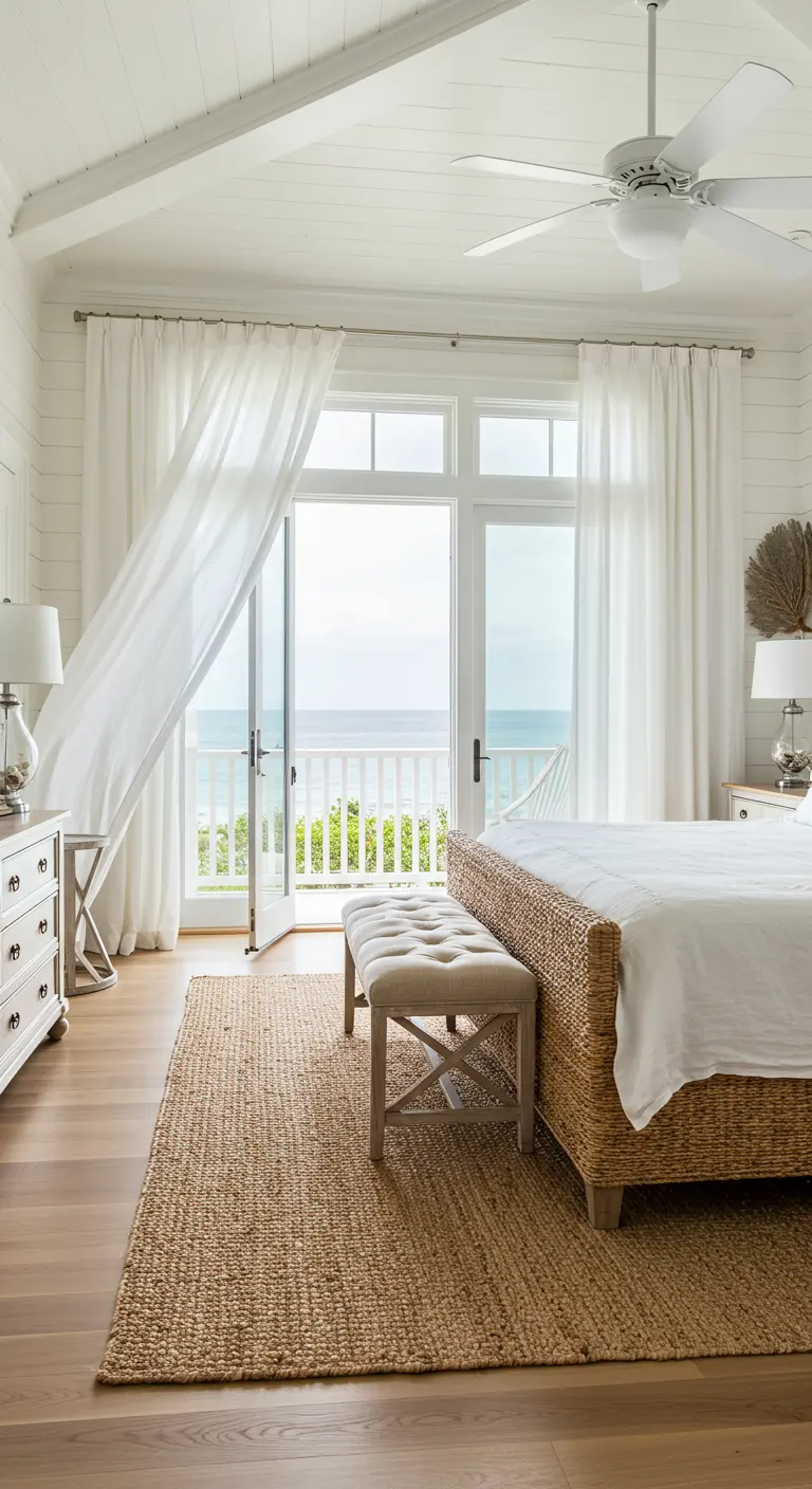 Lichte slaapkamer met witte, wapperende gordijnen en uitzicht op zee.