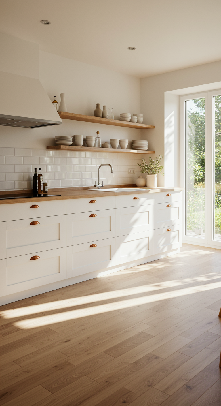 Lichte keuken met wit en houten werkblad, zonlicht valt naar binnen.