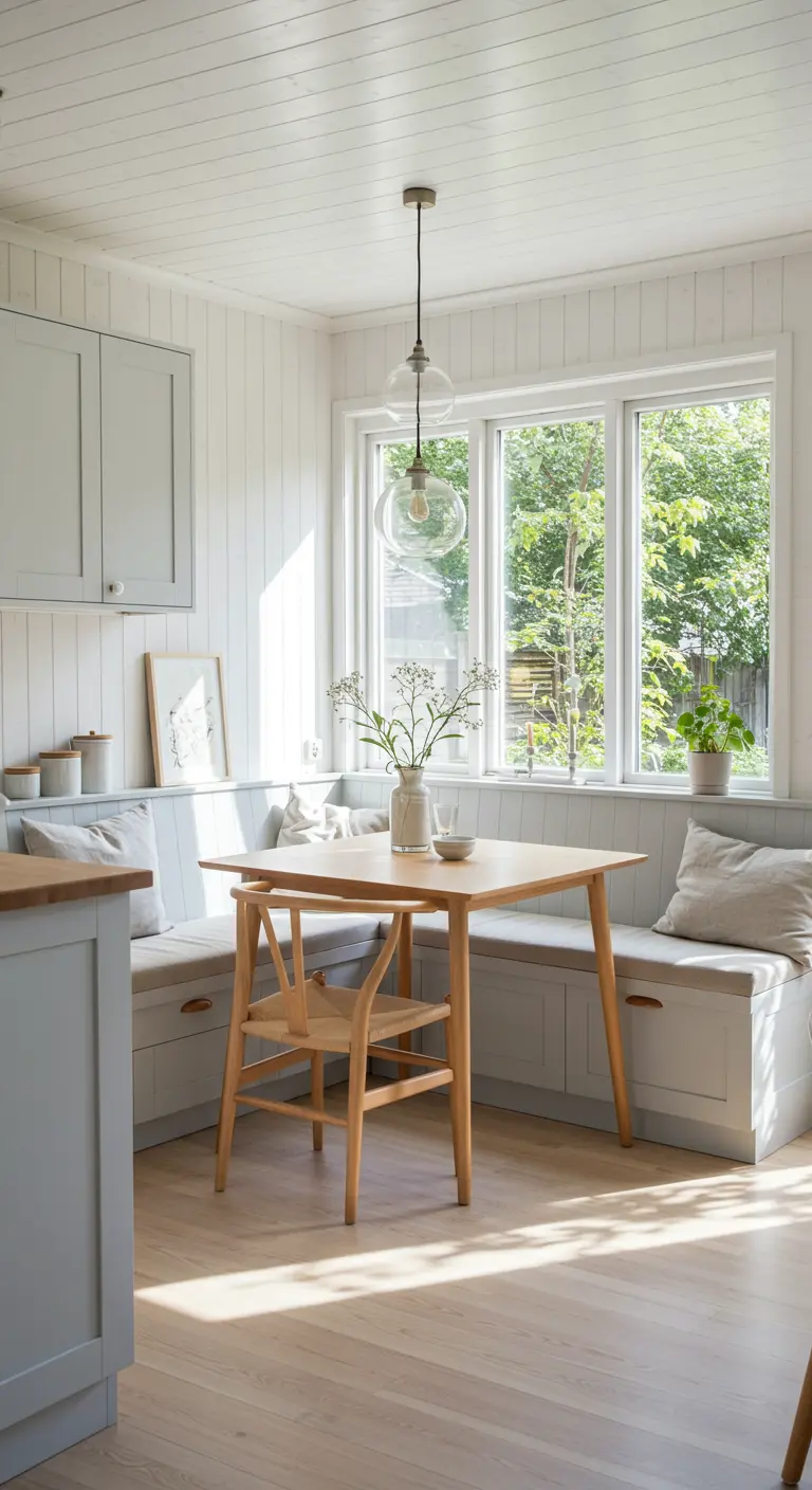 Lichte Scandinavische eethoek met ingebouwde hoekbank, houten tafel en grote ramen.