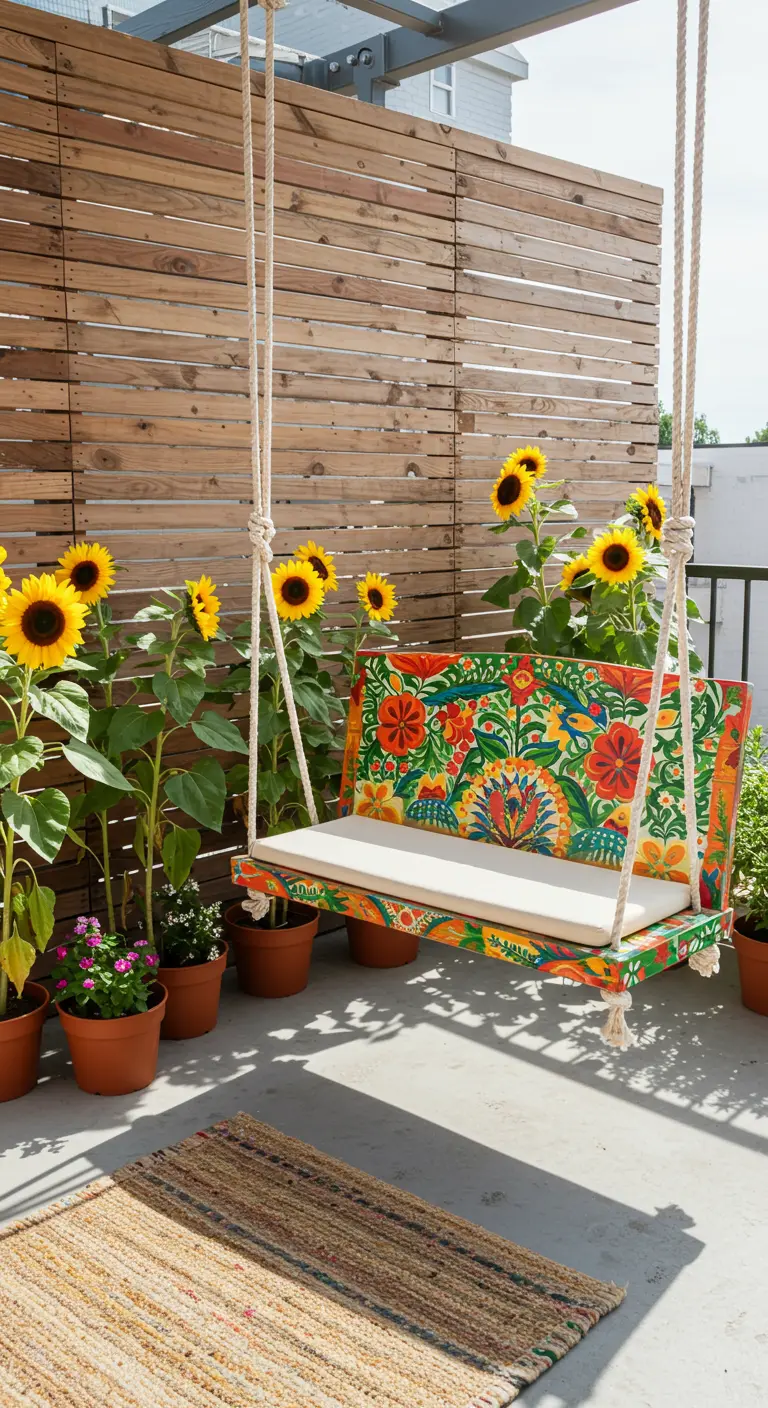 Kleurrijk beschilderde houten schommelbank met zonnebloemen.