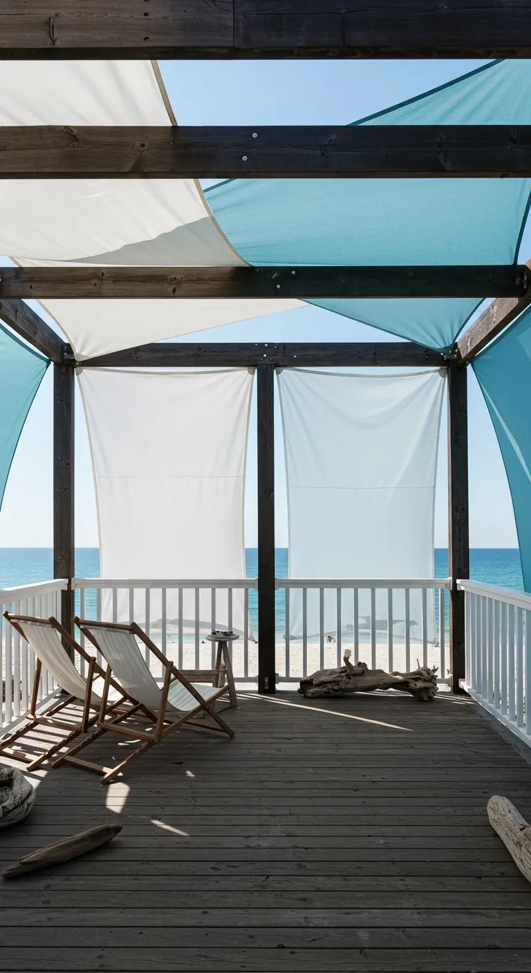 Pergola met gespannen blauwe en witte zonnedoeken boven een houten terras met uitzicht op zee.